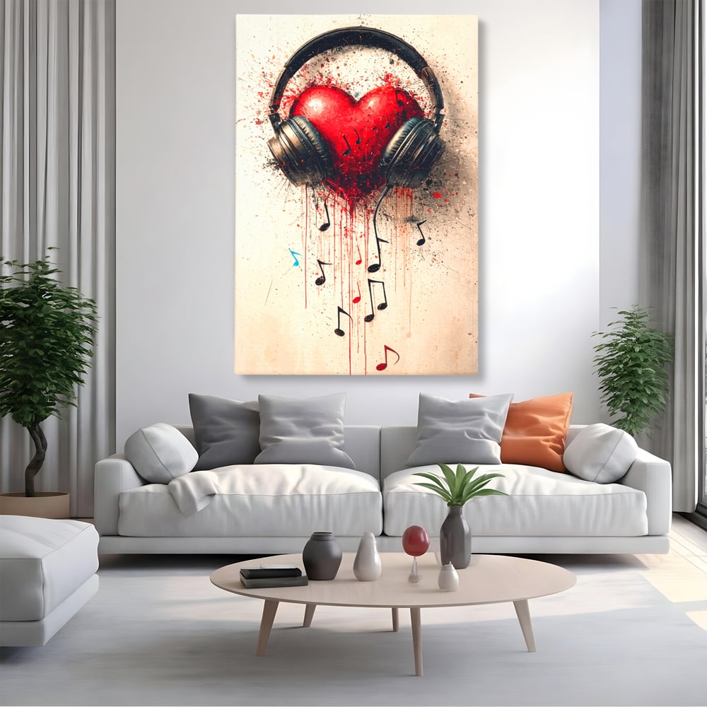 Tablou canvas cu tablou canvas cu inima rosie si casti audio, fara rama, pe sasiu de lemn, pe perete intr-un living
